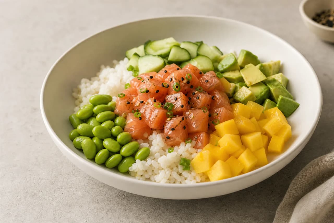 Poké Bowl mit Lachs, angerichtet