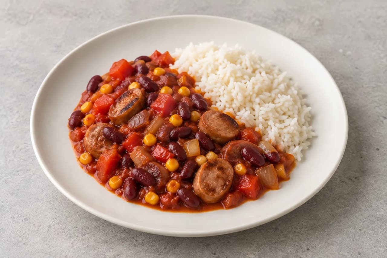 Chili mit Bratwurst und Reis, angerichtet
