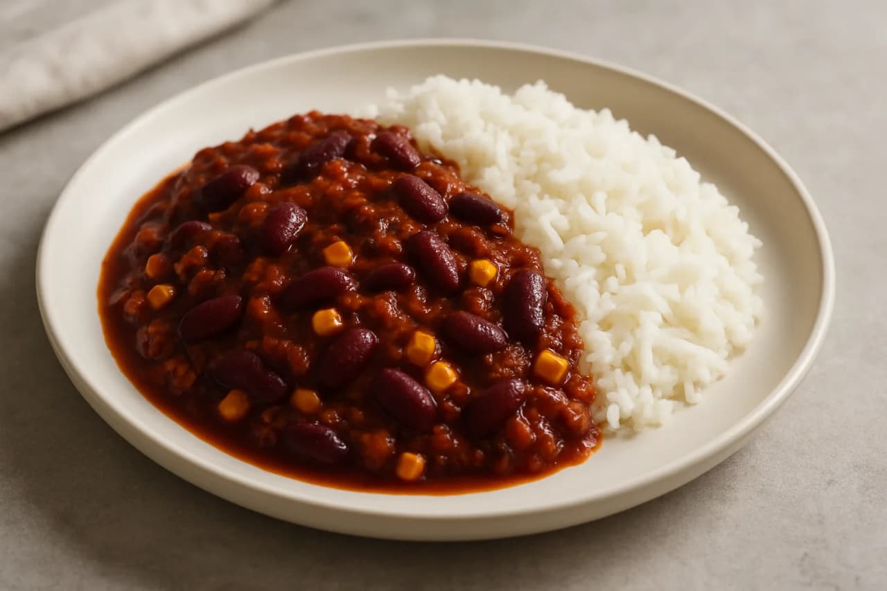 Chili con Carne mit Reis, angerichtet