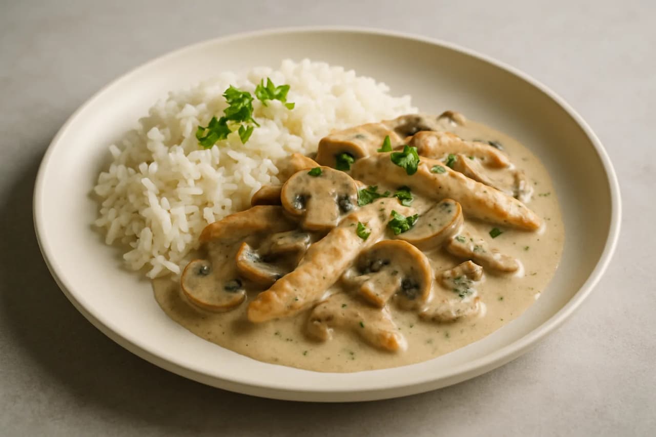Hähnchen in Sahnesoße mit Reis, angerichtet
