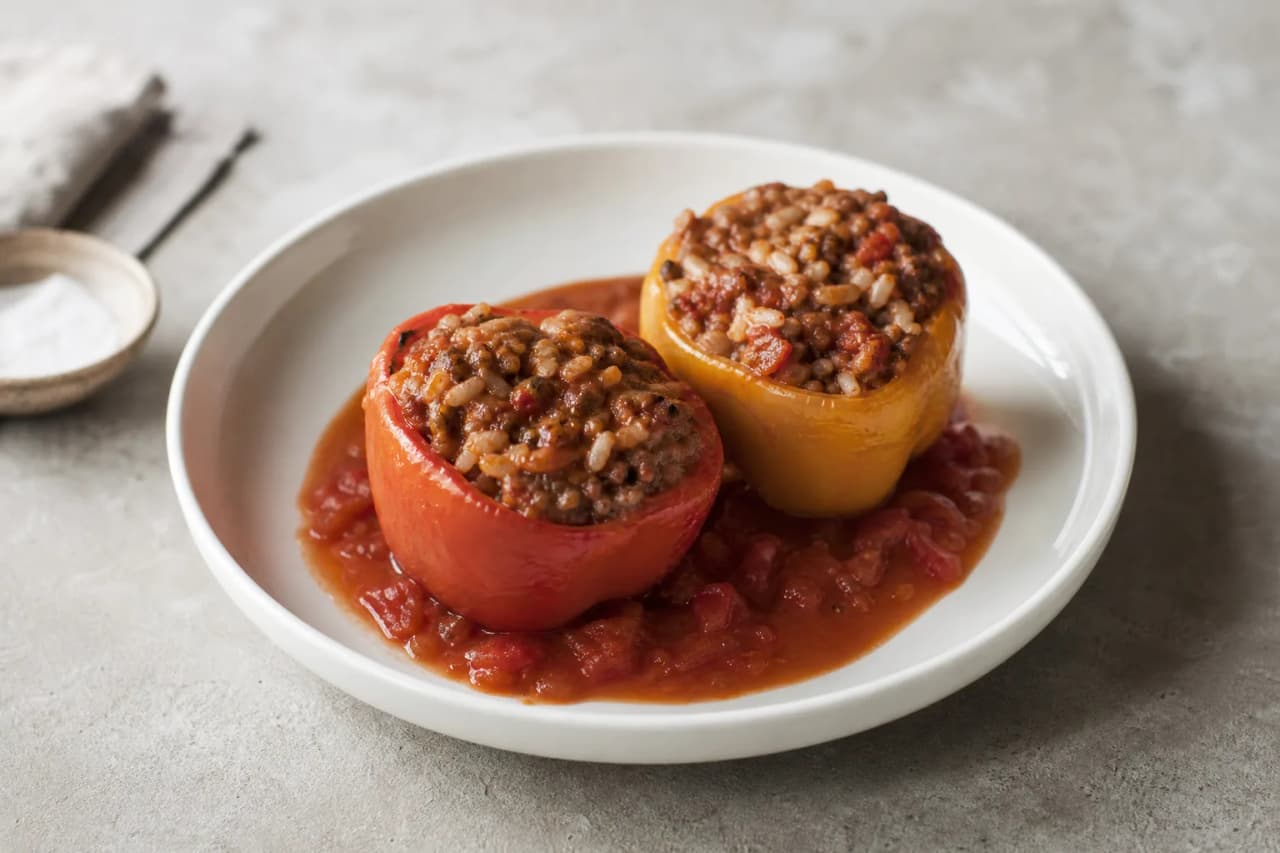 Gefüllte Paprika mit Reis, angerichtet