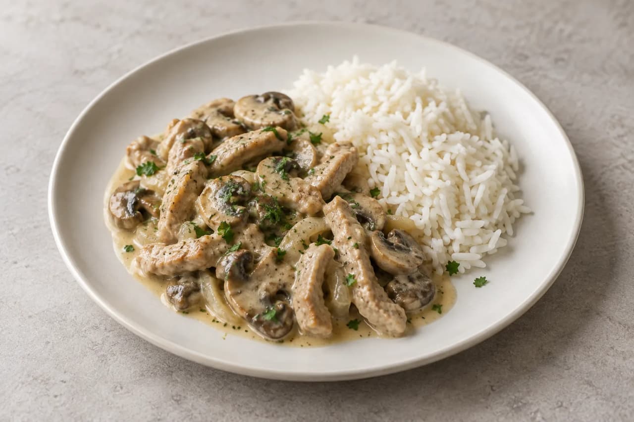 Geschnetzeltes mit Champignons und Reis, angerichtet