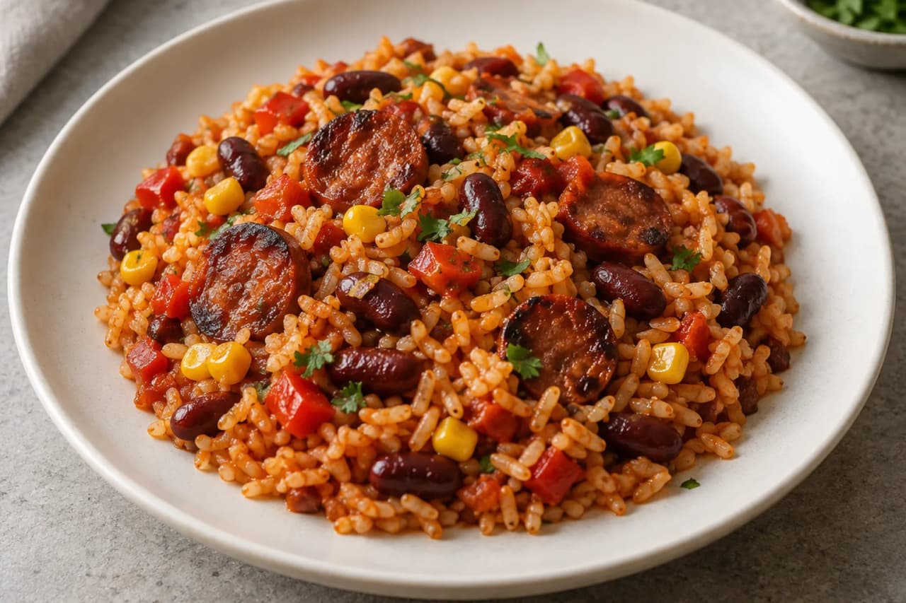 Chorizo-Bohnen-Reis, angerichtet