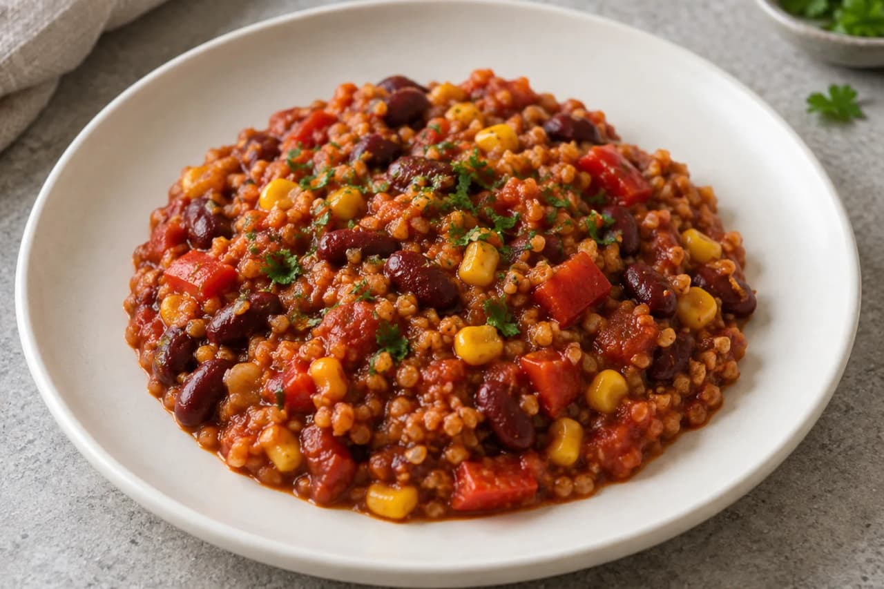 Bulgur-Chili mit Kidneybohnen, angerichtet