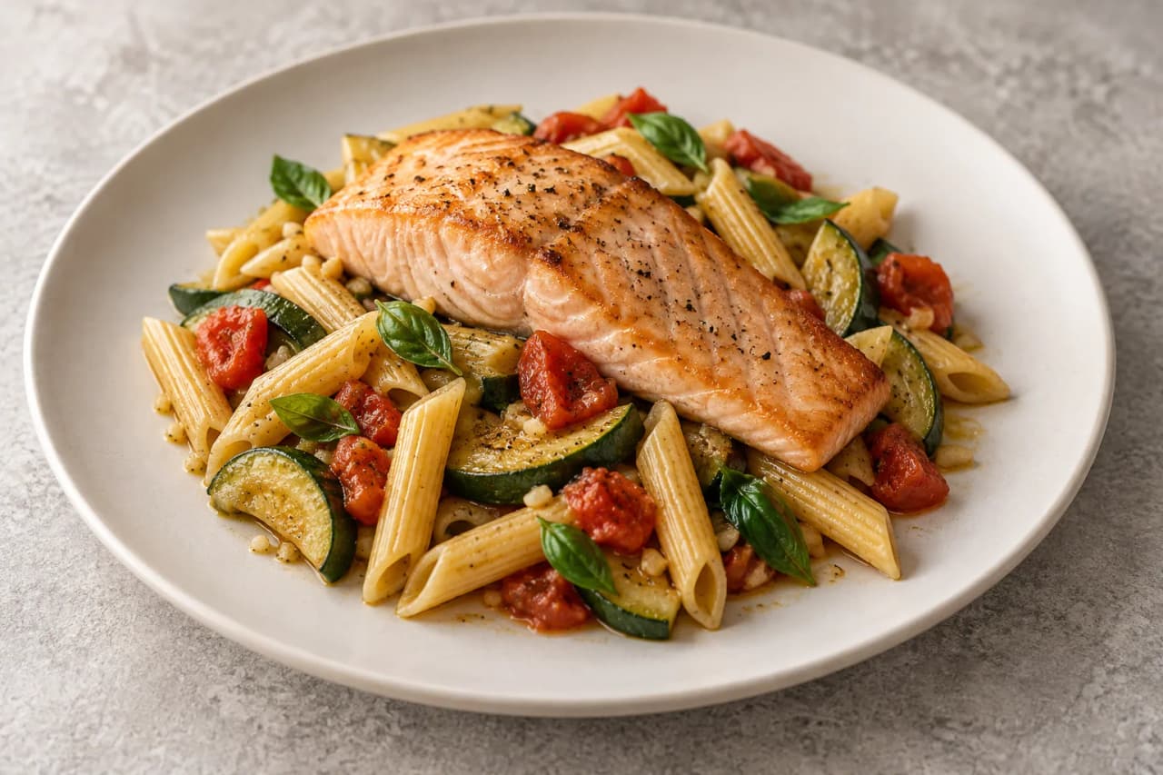 Lachs mit Zucchini-Tomaten-Pasta, angerichtet