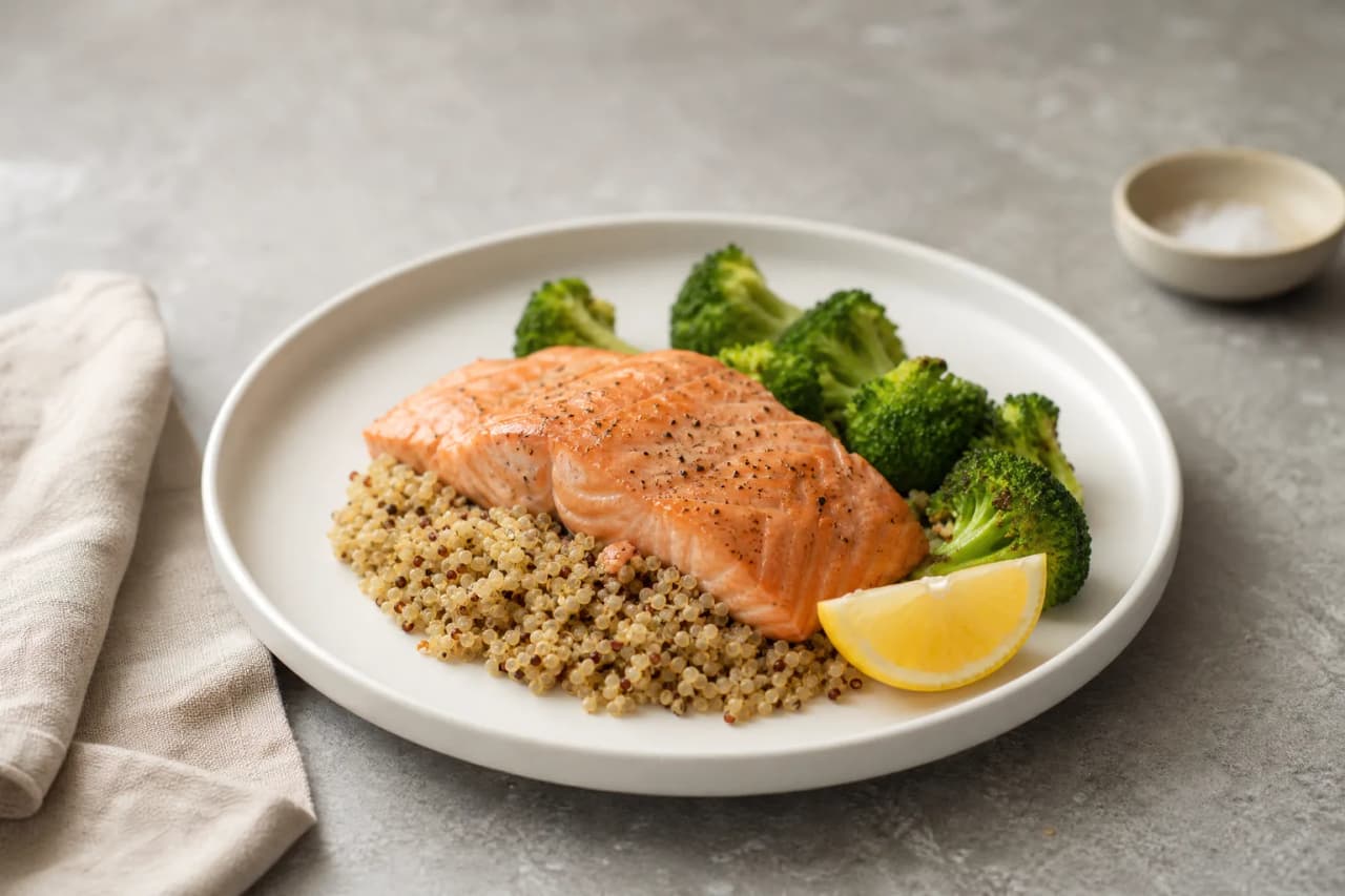 Lachs mit Quinoa und Brokkoli, angerichtet