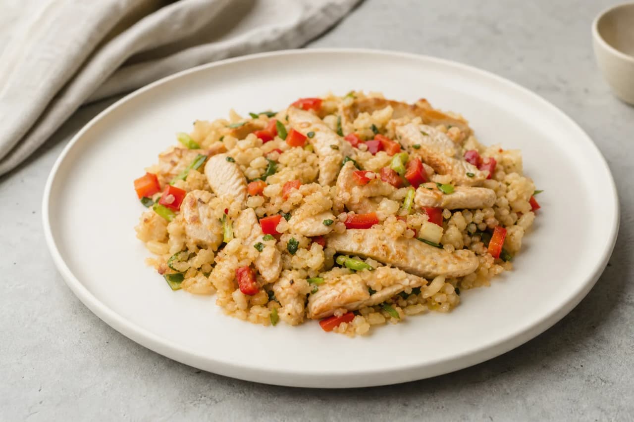 Blumenkohlreis mit Hähnchen, angerichtet