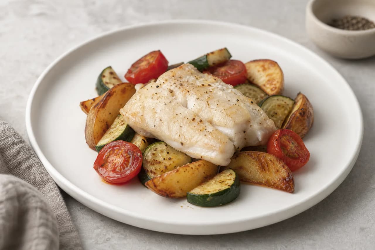 Fischfilet aus dem Ofen mit Gemüse, angerichtet