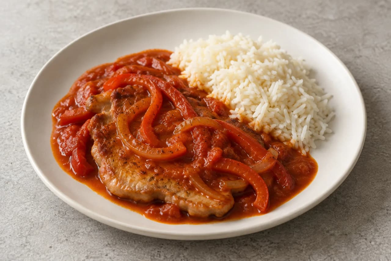 Paprikaschnitzel mit Reis, angerichtet