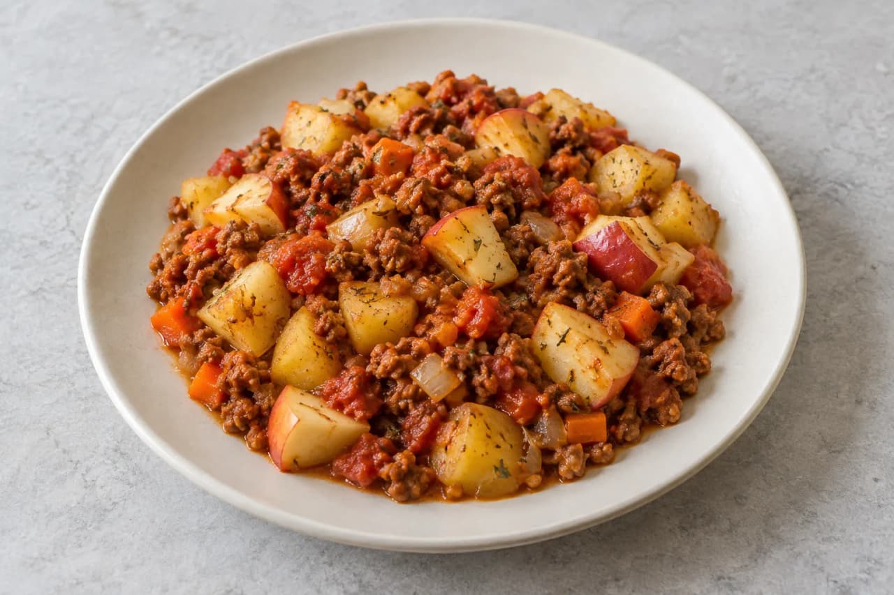 Apfel-Pfanne mit veganem Hack und Kartoffeln, angerichtet