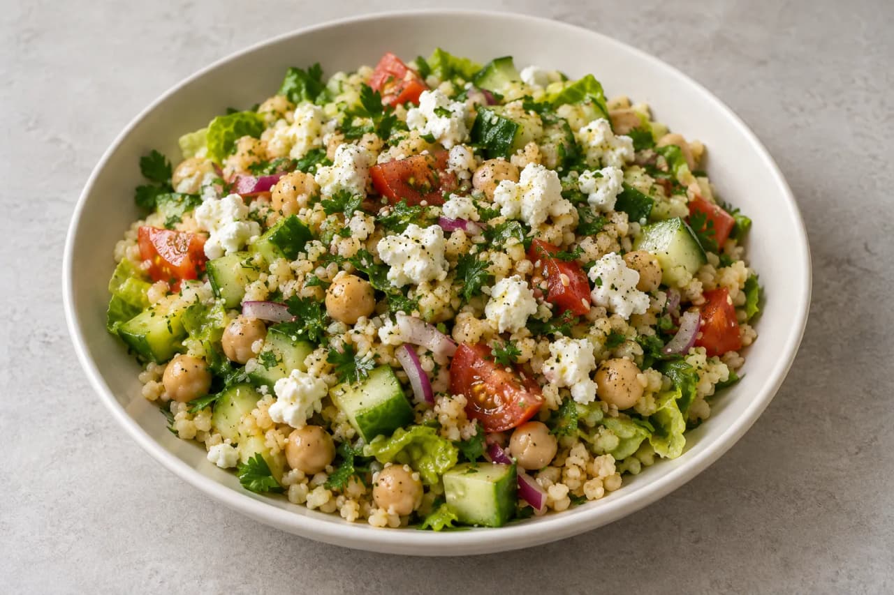 Bulgur-Bowl mit Romanasalat und Ziegenkäse, angerichtet