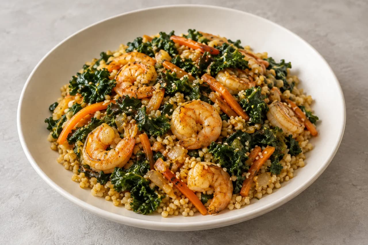 Bulgur mit Garnelen und Grünkohl, angerichtet