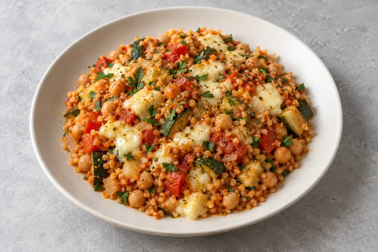 Bulgur mit Gemüse und Butterkäse, angerichtet