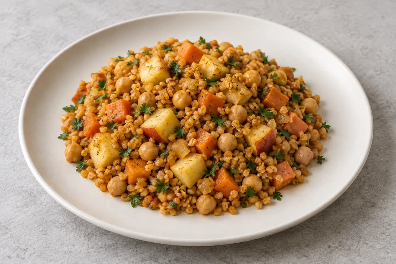 Bulgur mit Kichererbsen, Apfel und Karotten, angerichtet