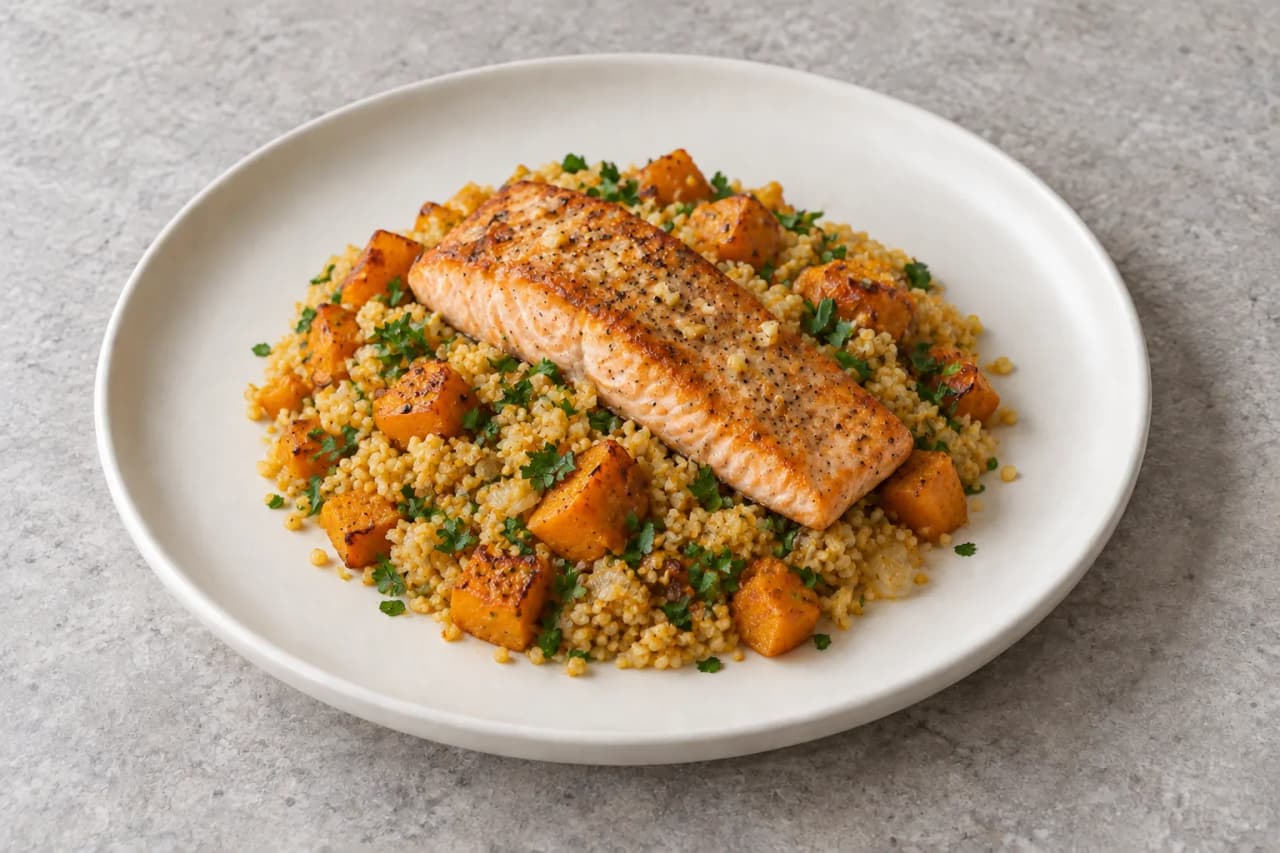 Bulgur mit Kürbis und Lachs, angerichtet