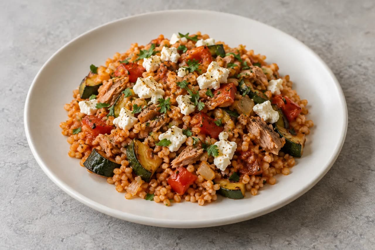 Bulgur mit Thunfisch, Feta und Ofengemüse, angerichtet