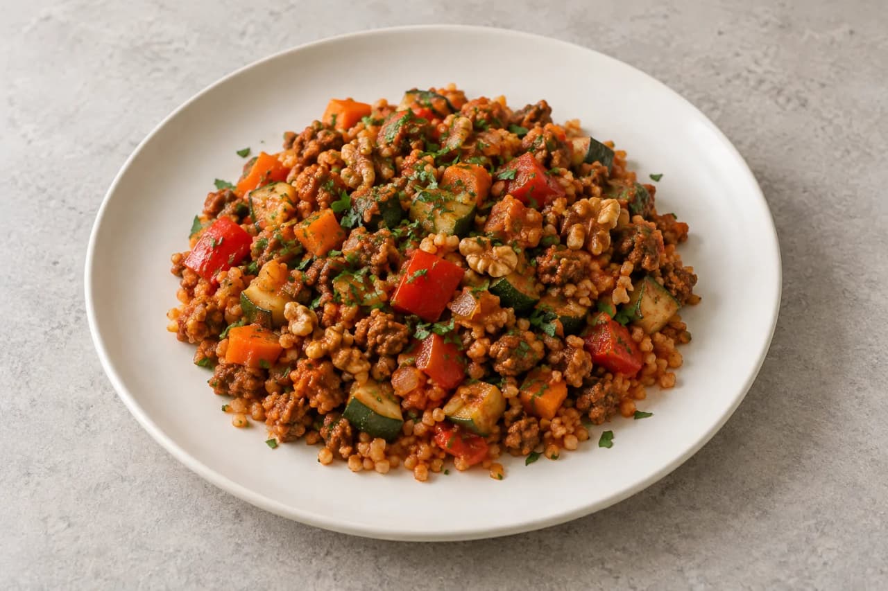 Bulgur mit veganem Hack, Walnüssen und Gemüse, angerichtet