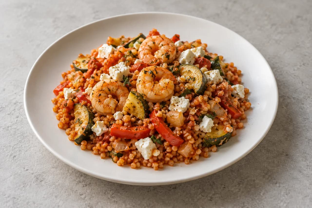 Garnelen mit Feta, Bulgur und Zucchini, angerichtet