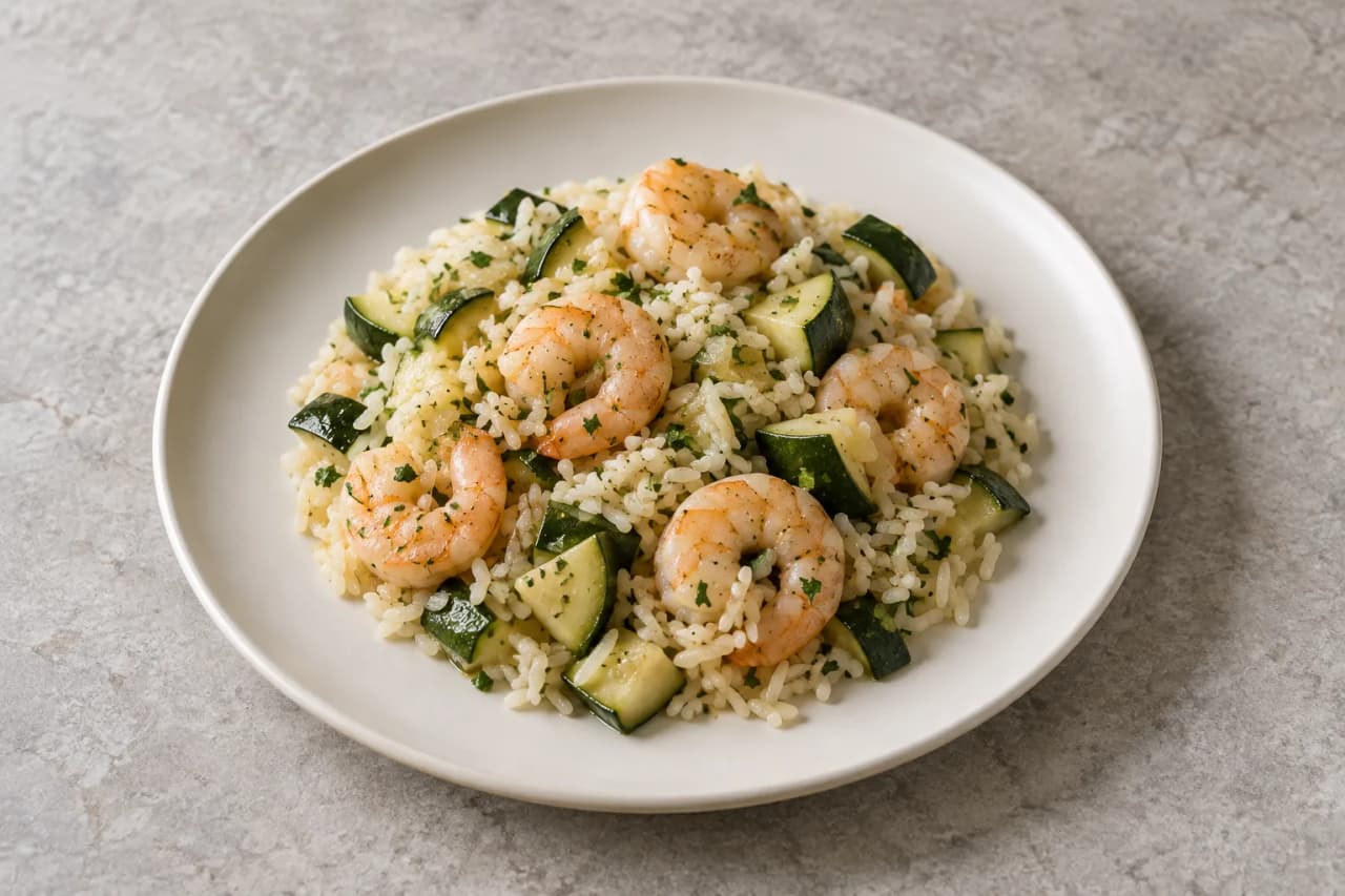 Garnelen mit Reis und Zucchini, angerichtet
