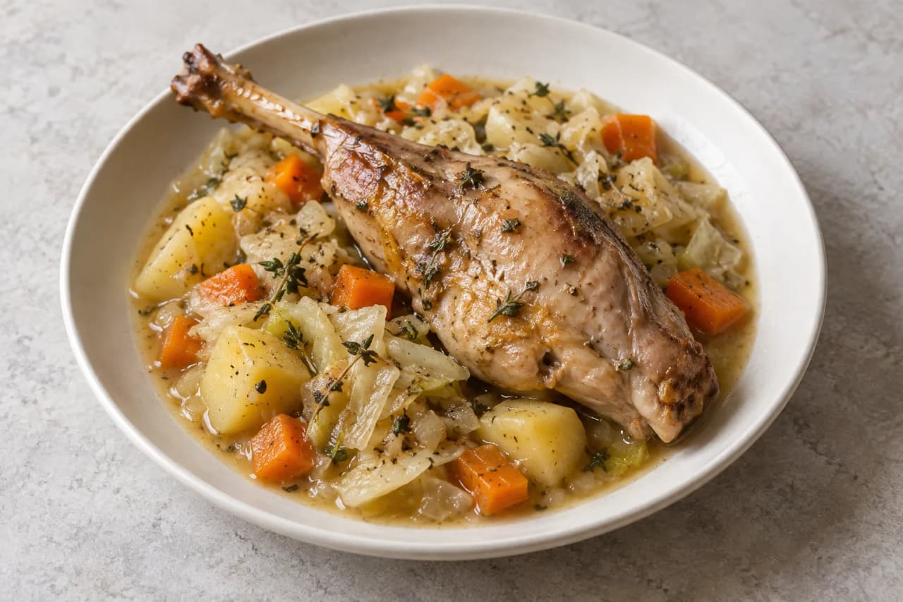 Geschmorte Kaninchenkeule mit Weißkohl, angerichtet