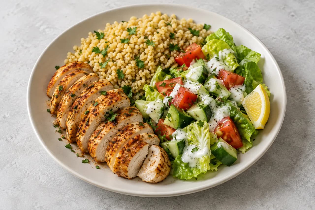 Hähnchen mit Bulgur und Romanasalat, angerichtet