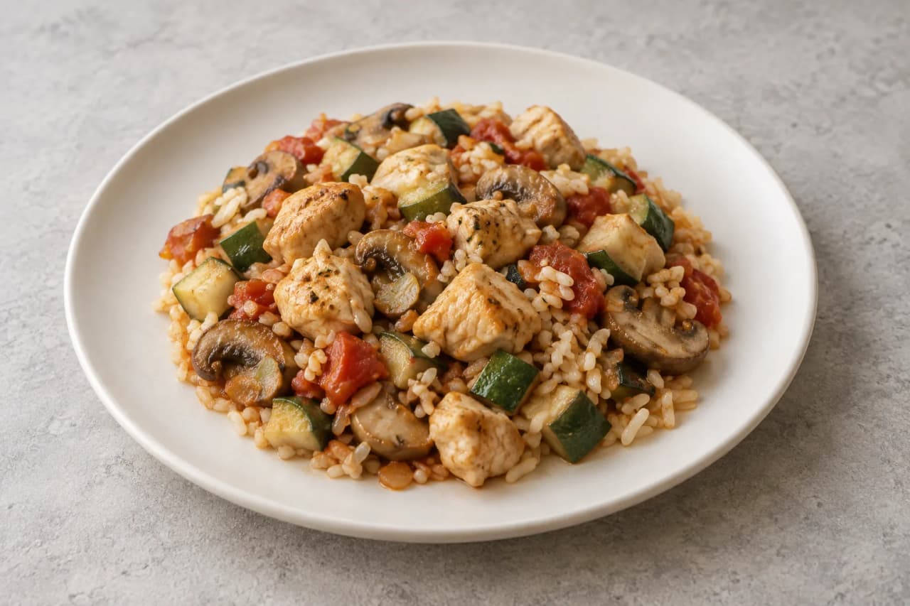 Hähnchen mit Reis, Champignons und Zucchini, angerichtet