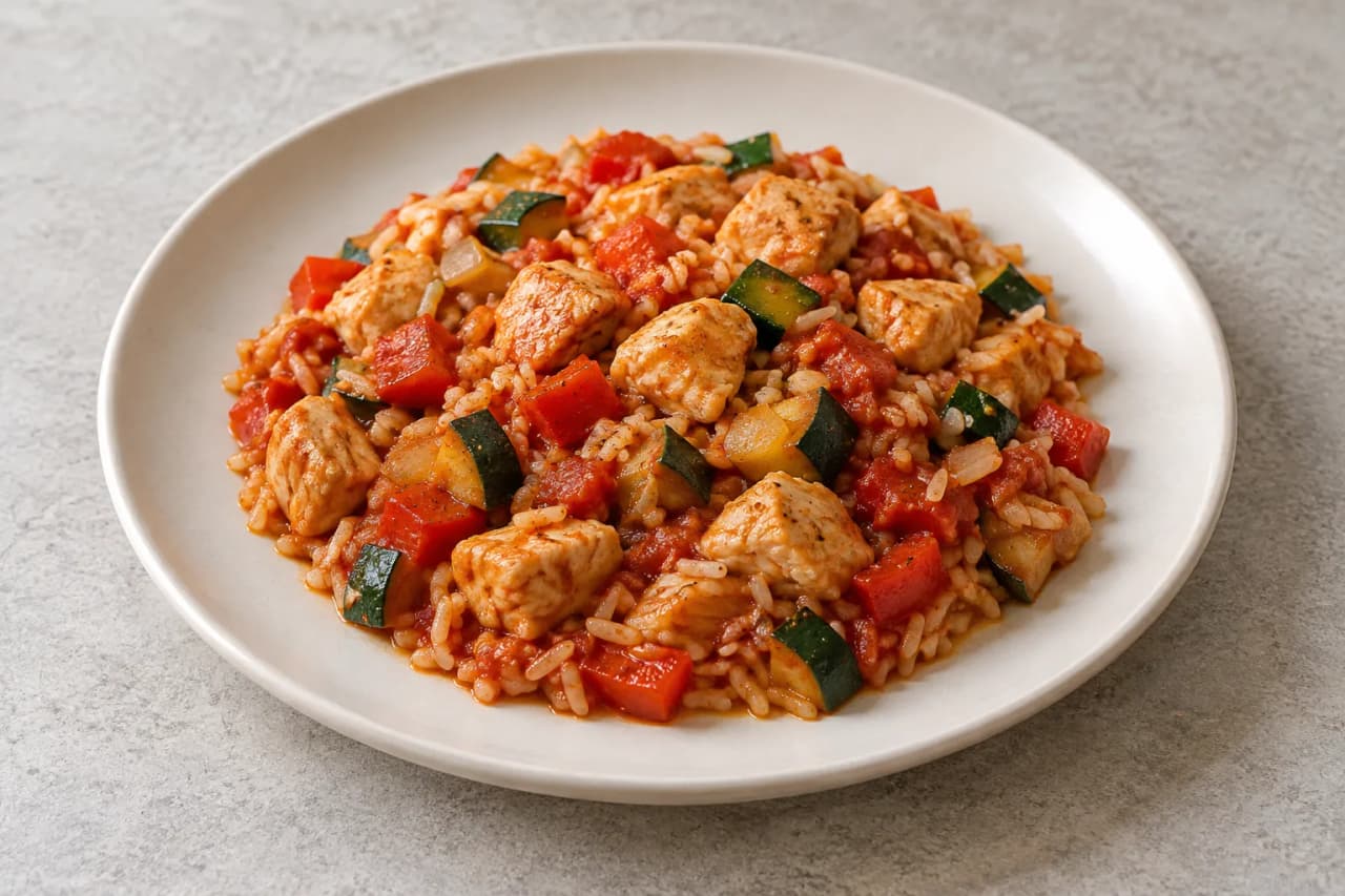 Hähnchen mit Reis, Paprika und Zucchini, angerichtet