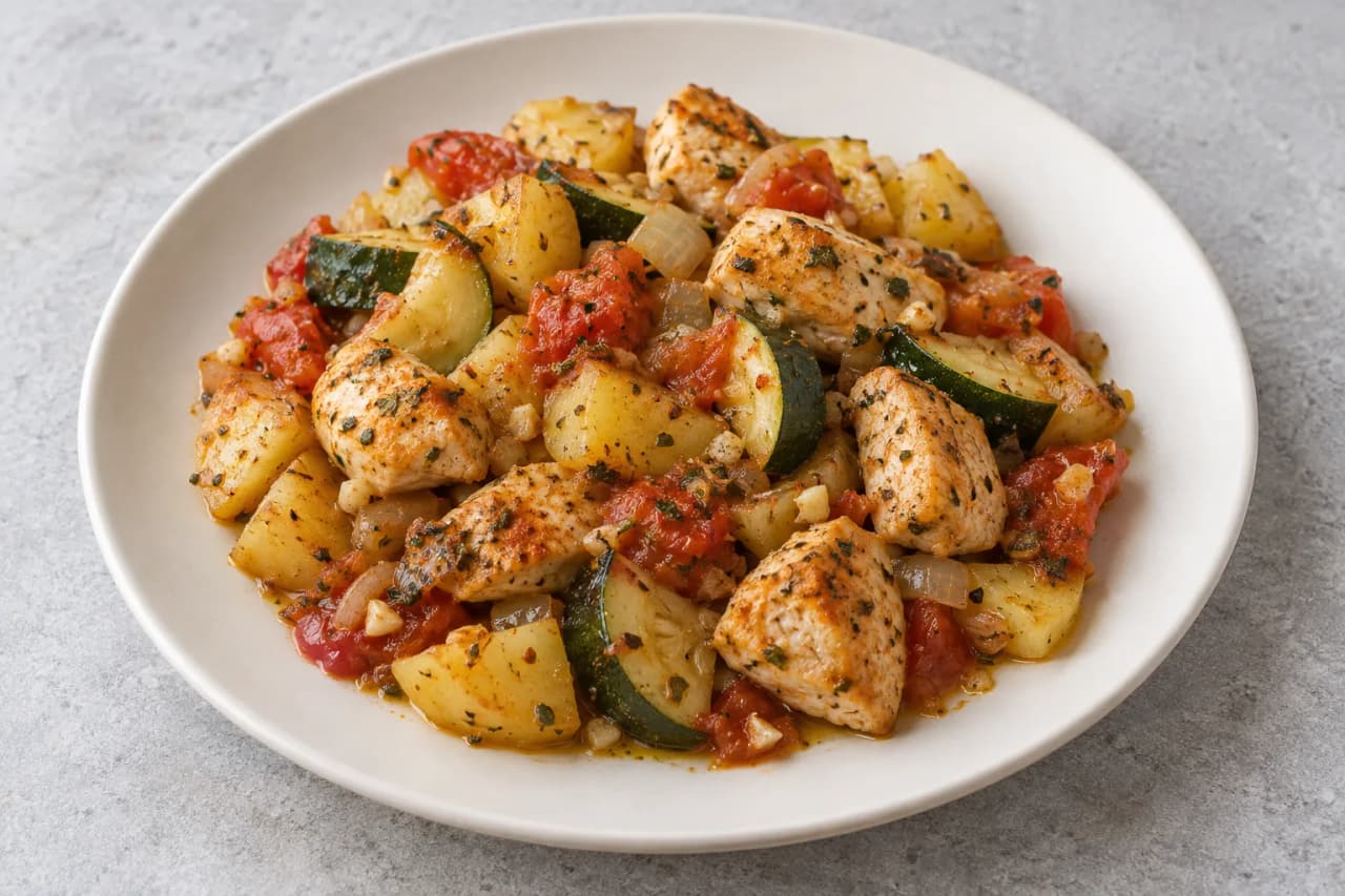 Hähnchen mit Zucchini, Tomaten und Kartoffeln, angerichtet