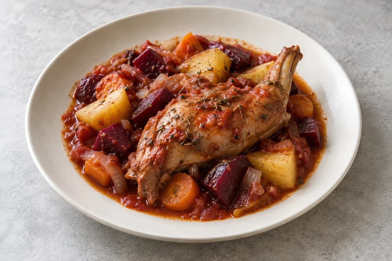 Kaninchenkeule mit Rote Bete und Kartoffeln, angerichtet
