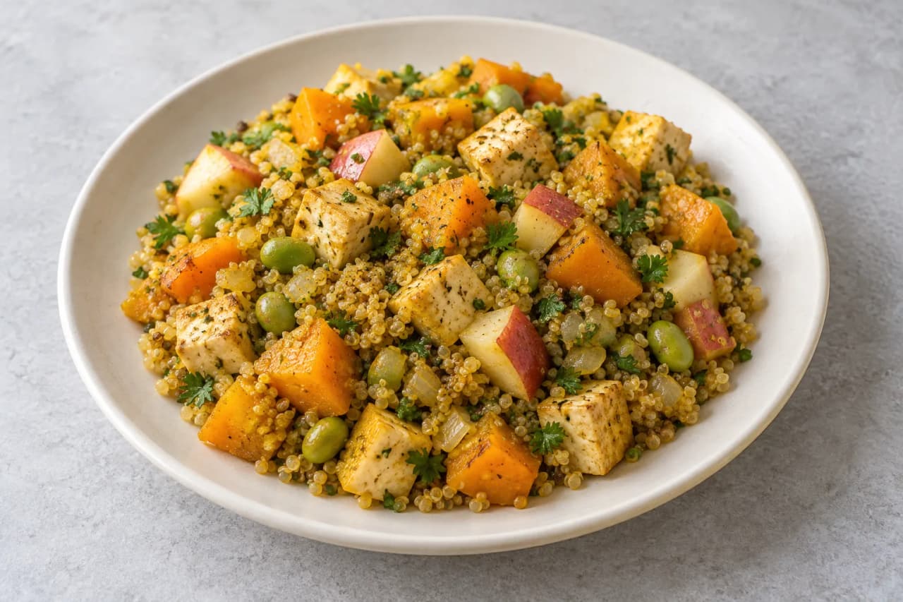 Kürbis-Quinoa-Pfanne mit Apfel und Tofu, angerichtet