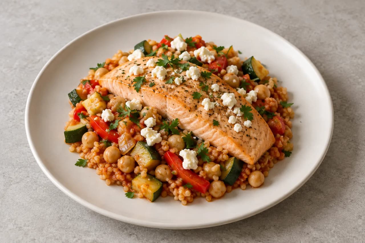Lachs-Bulgur mit Kichererbsen und Feta, angerichtet