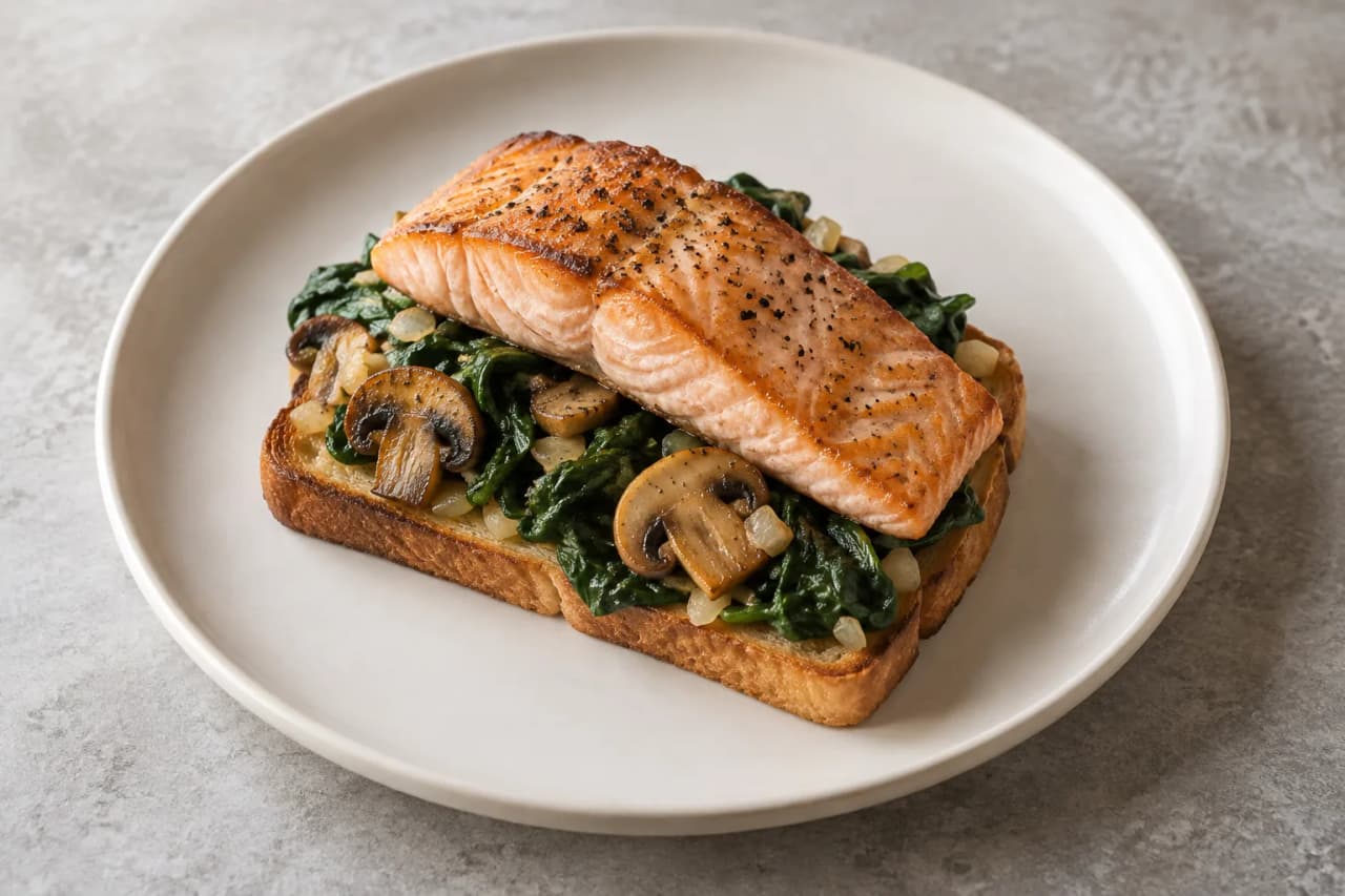 Lachs mit Champignons, Spinat und Toast, angerichtet
