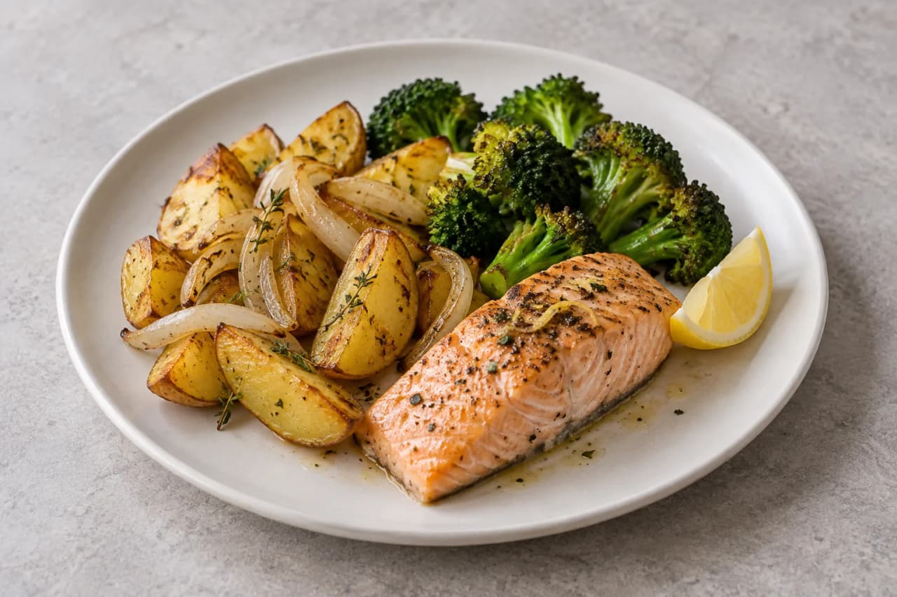 Lachs mit Kartoffeln und Brokkoli, angerichtet