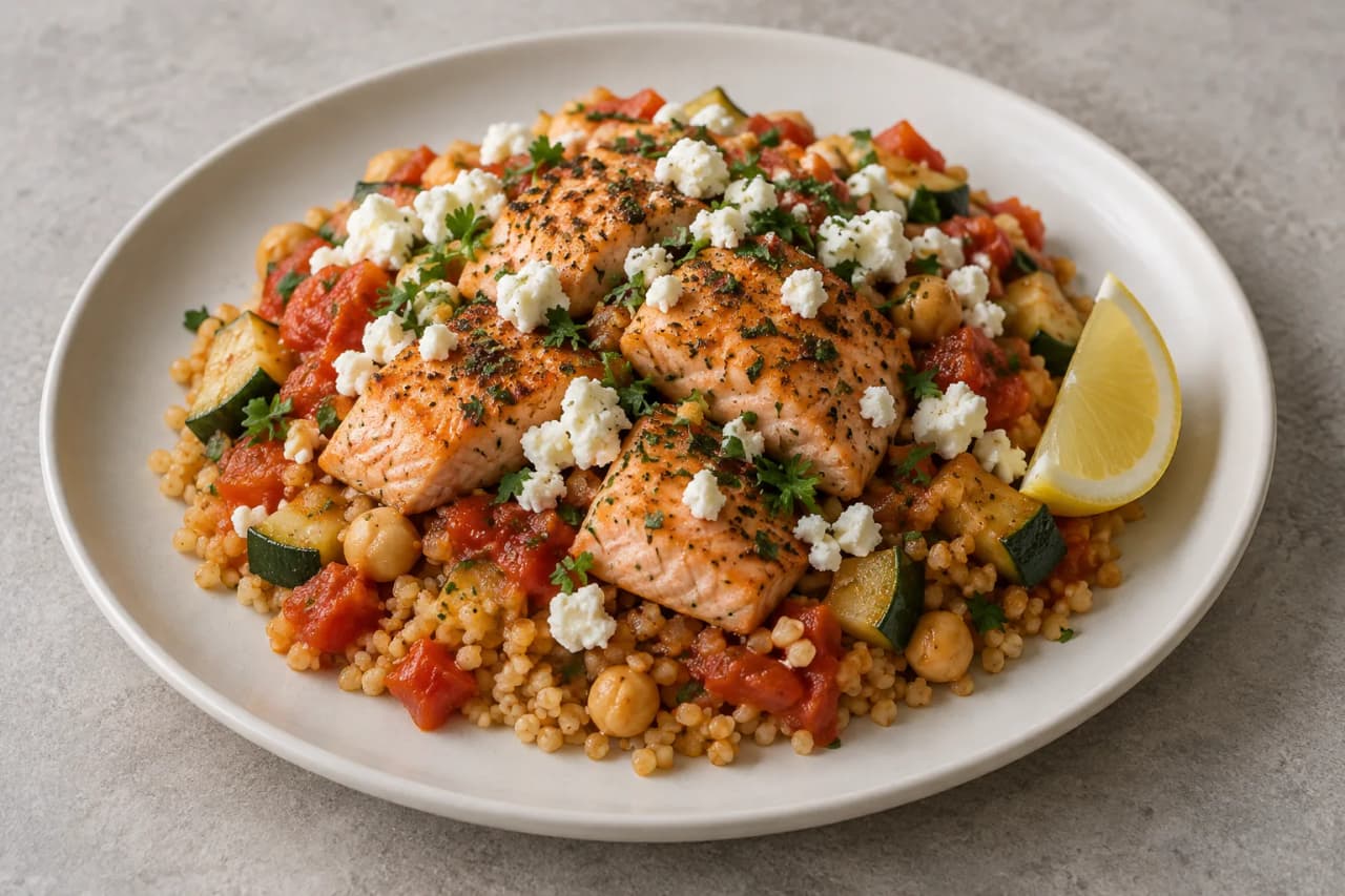 Lachs mit Kichererbsen-Bulgur und Feta, angerichtet