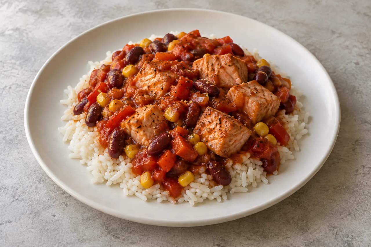 Lachs mit Kidneybohnen in Mexiko-Sauce, angerichtet