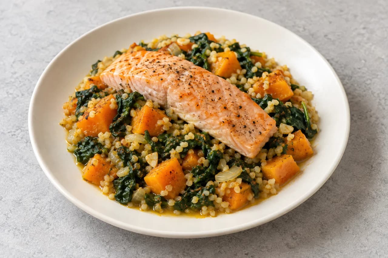 Lachs mit Kürbis, Bulgur und Spinat, angerichtet
