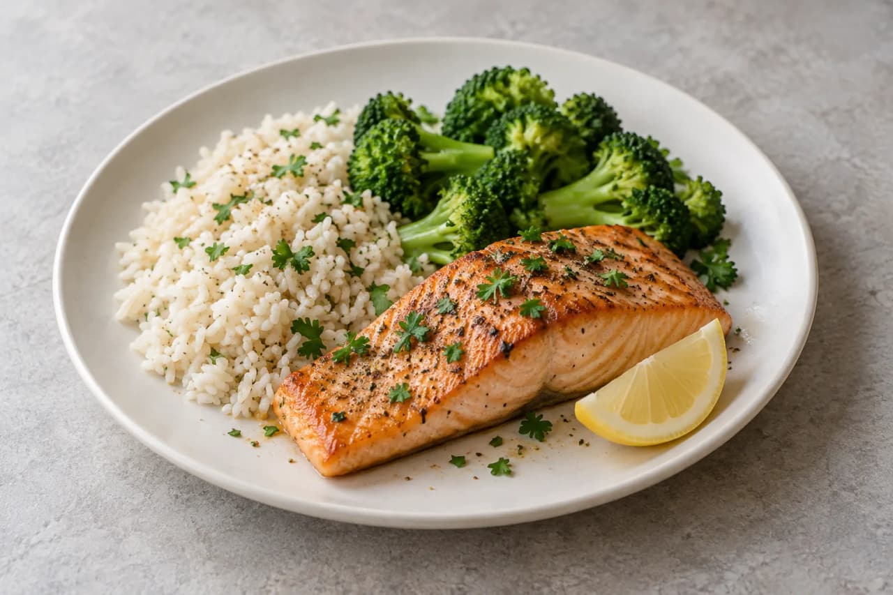 Lachs mit Reis und Brokkoli, angerichtet