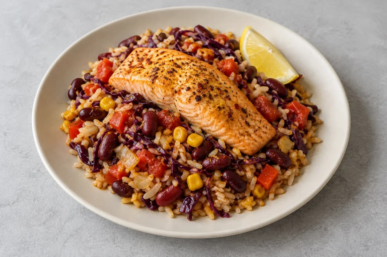 Lachs-Reis mit Kidneybohnen und Rotkohl, angerichtet