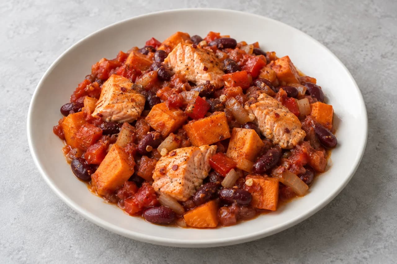 Lachs-Süßkartoffel-Bohnen-Pfanne, angerichtet
