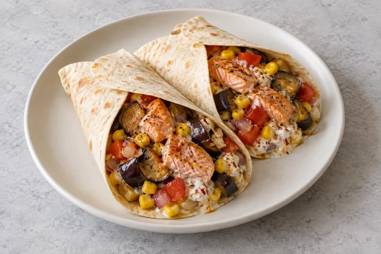 Lachs-Wraps mit Aubergine und Mais, angerichtet