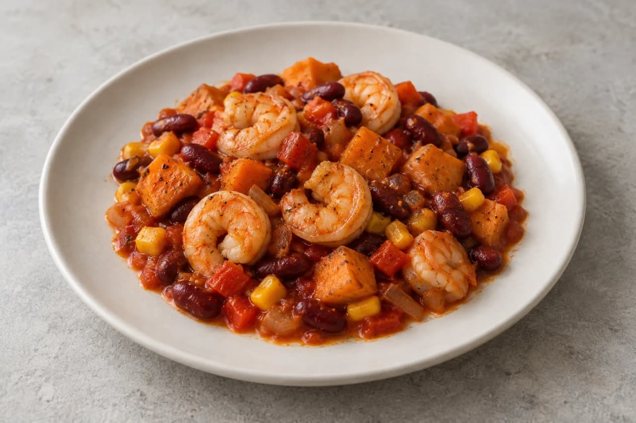Mexikanische Garnelen mit Kidneybohnen und Süßkartoffel, angerichtet