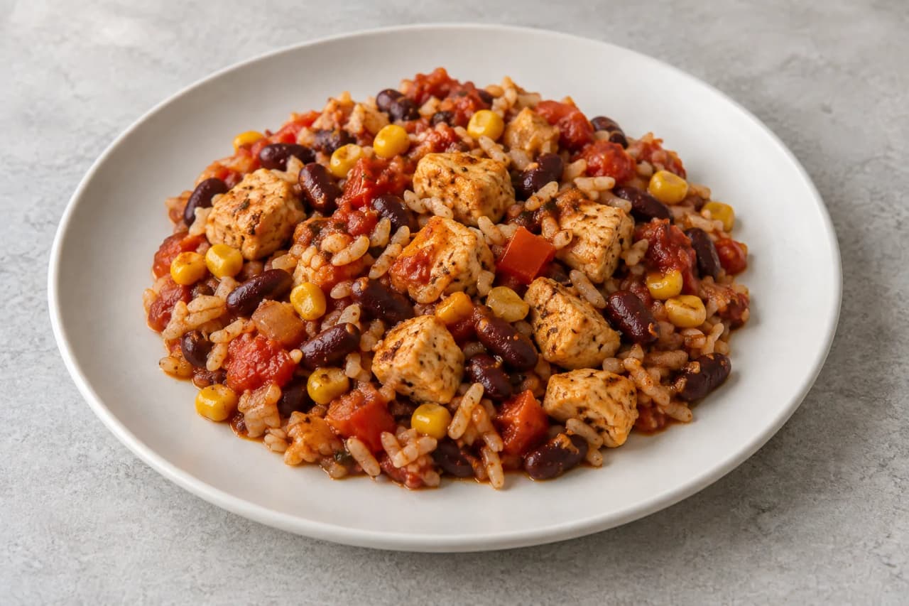 Mexikanische Hähnchenpfanne mit Bohnen und Reis, angerichtet