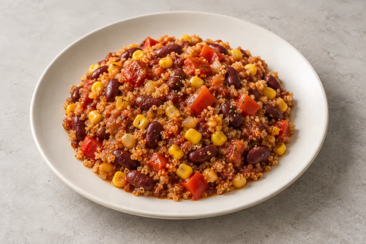 Mexikanische Quinoa-Bohnen-Pfanne, angerichtet