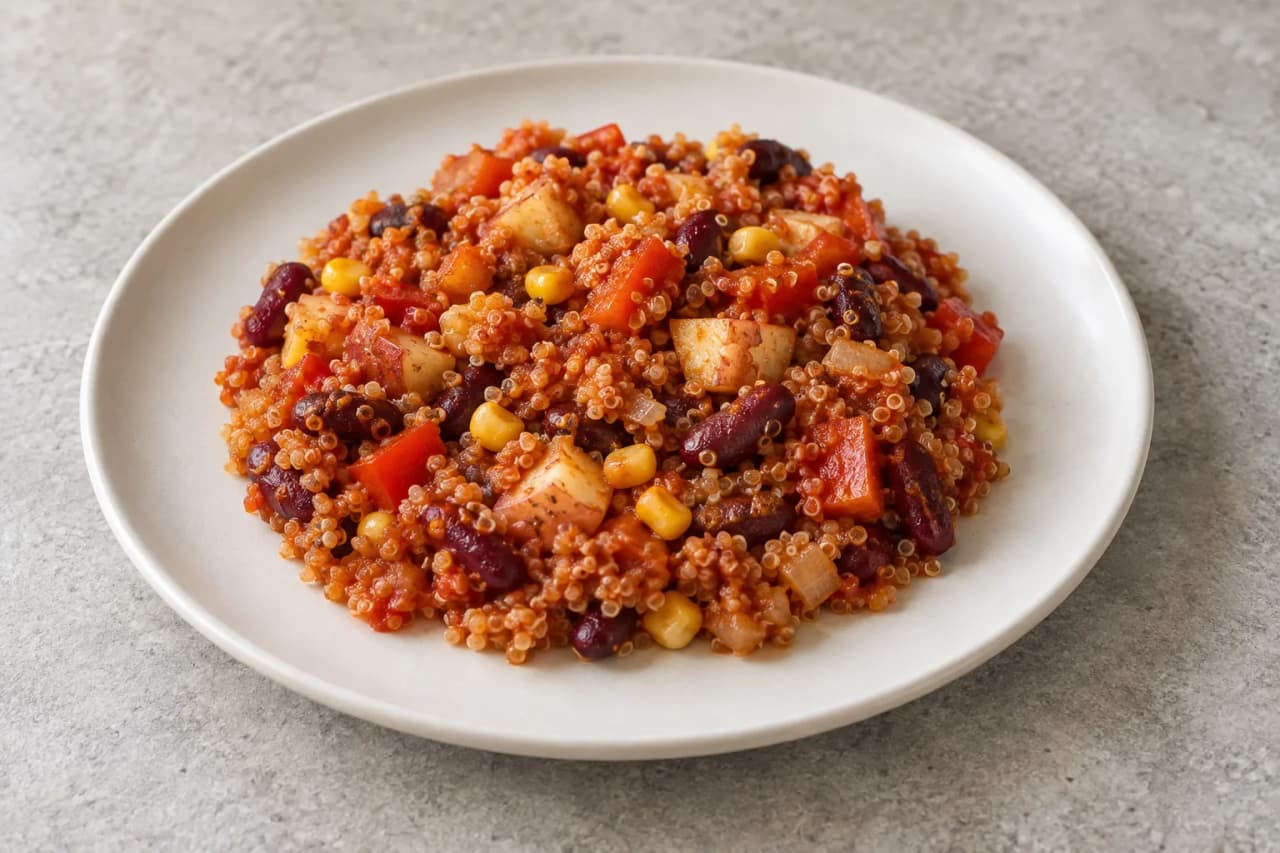 Mexikanische Quinoa-Bohnenpfanne mit Apfel, angerichtet
