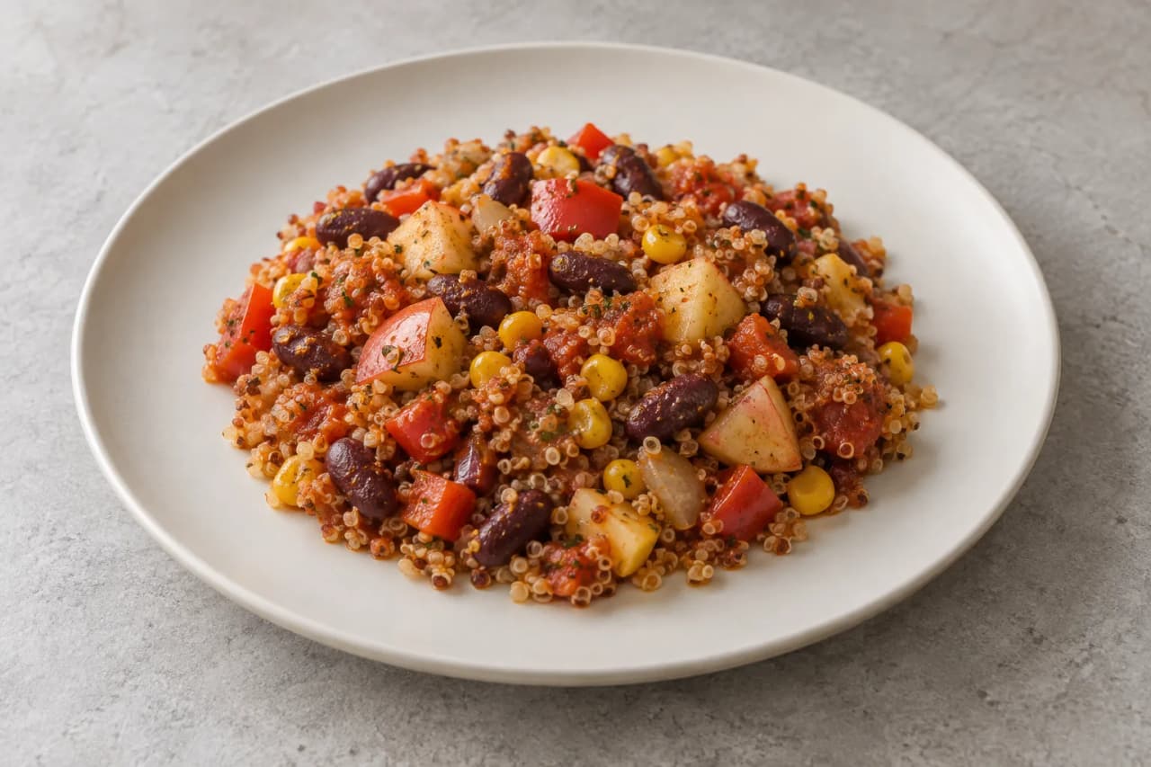 Mexikanische Quinoa mit Apfel und Kidneybohnen, angerichtet