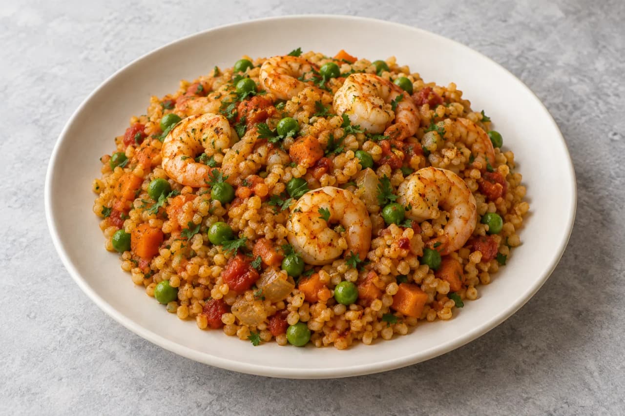 Orientalischer Bulgur mit Garnelen und Erbsen, angerichtet