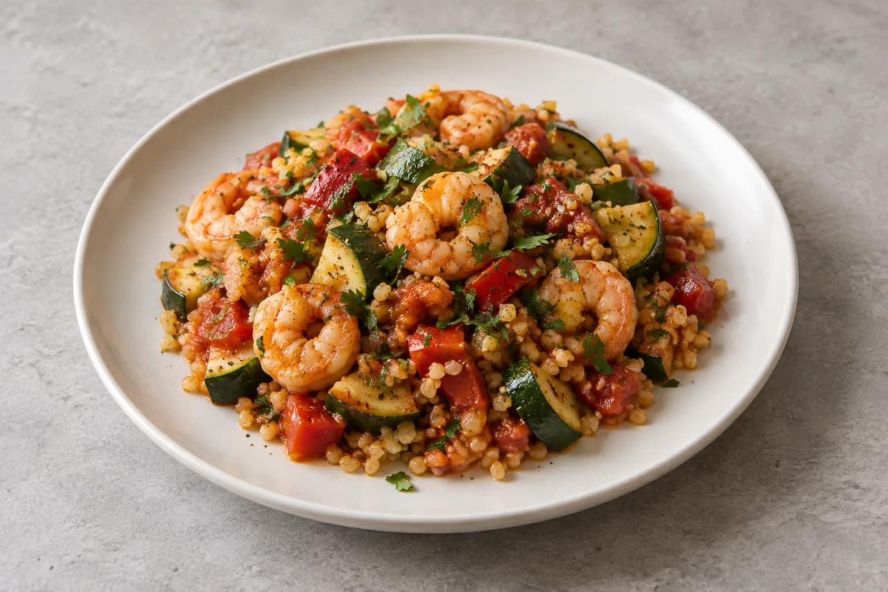 Orientalischer Bulgur mit Garnelen und Zucchini, angerichtet