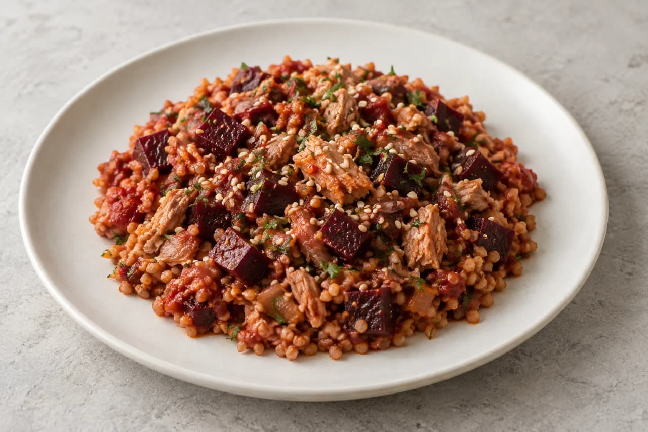 Orientalischer Bulgur mit Thunfisch und Rote Bete, angerichtet