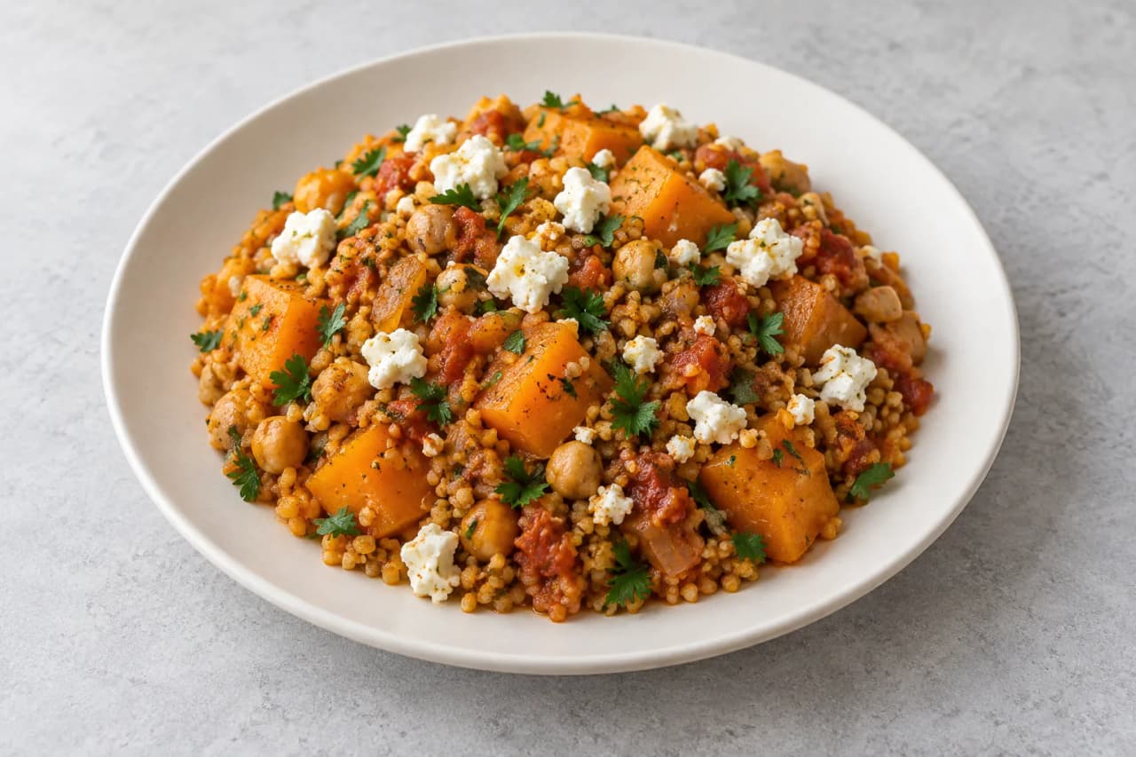 Orientalischer Kürbis-Bulgur mit Feta, angerichtet