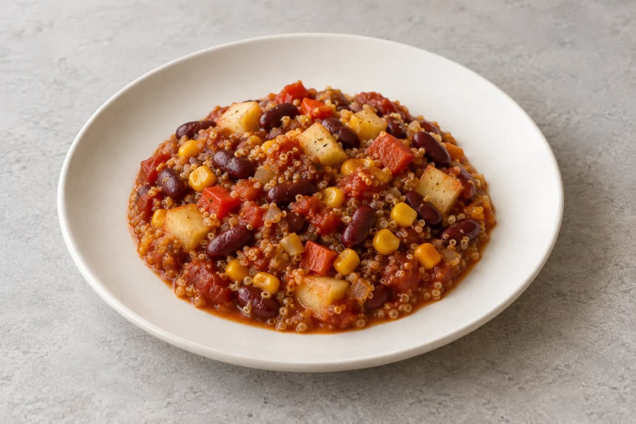 Quinoa-Chili mit Apfel und Kidneybohnen, angerichtet
